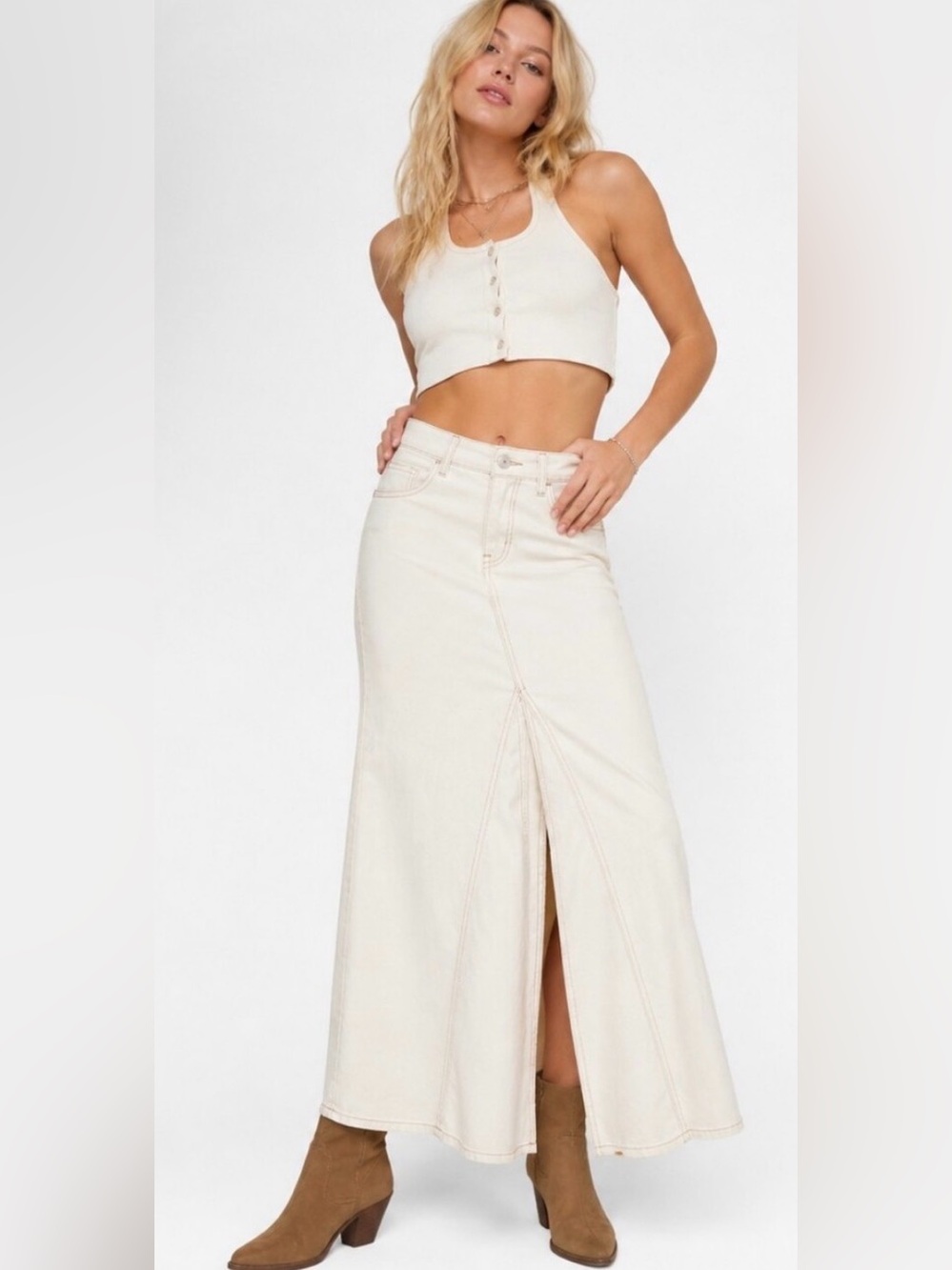 Free People ($205) Come As You Are Denim Maxi Skirt Front Slit Boho Chic NWT